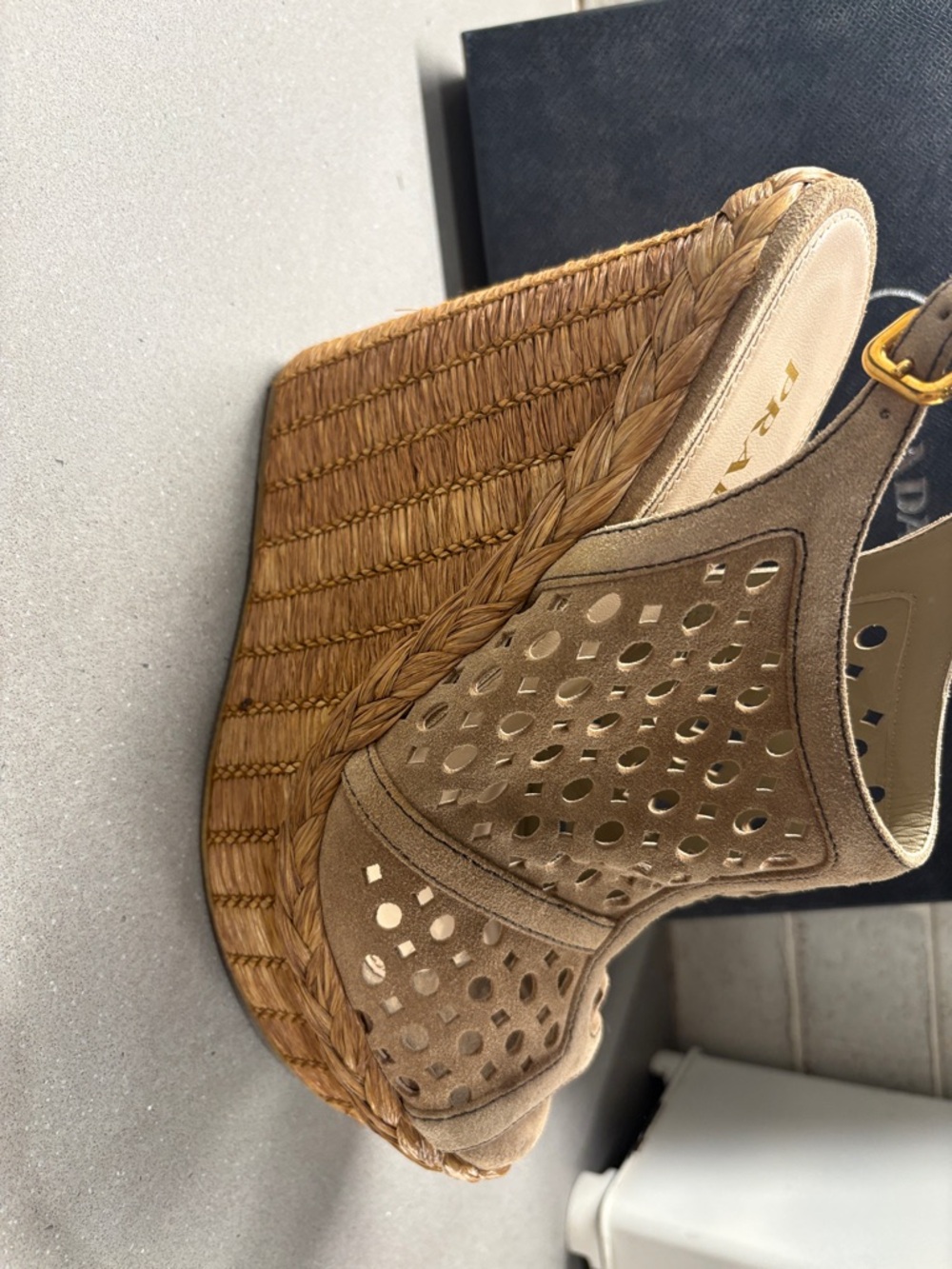 Prada Tan Suede Laser-Cut Wedge Sandals - Picture 3 of 6